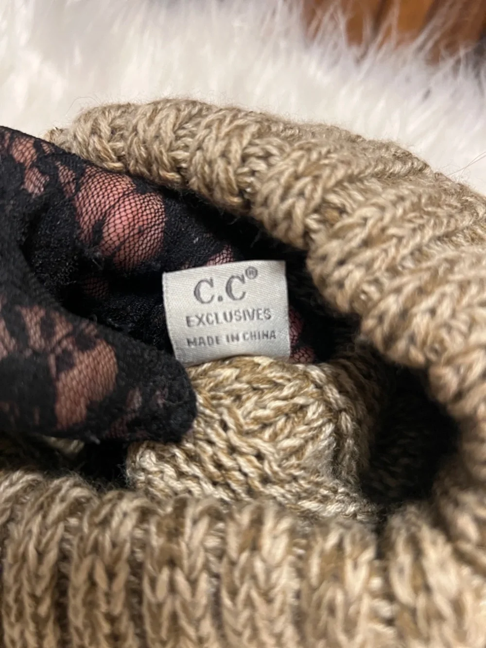 C.C Marled Knit Beanie in Taupe and Cream